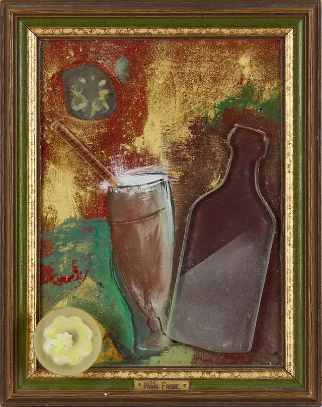 HANS FRODE (FÖDD 1951). "At the beach", signerad, daterad 1992, blandteknik med bemålat glas, med belysning.
