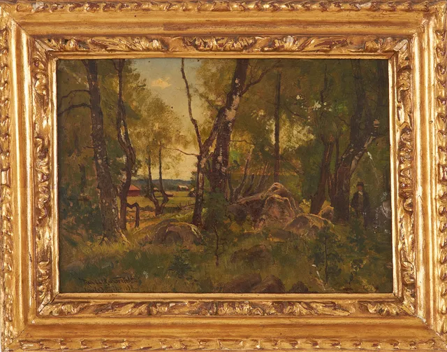 REINHOLD NORSTEDT (SVERIGE, 1843-1911). Landskapsmotiv, motiv från Lunda Vingåker, olja på pannå, signerad och daterad 1892.