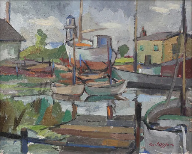 AXEL OLSSON (1919-2001). Hamnmotiv, olja på pannå, signerad.