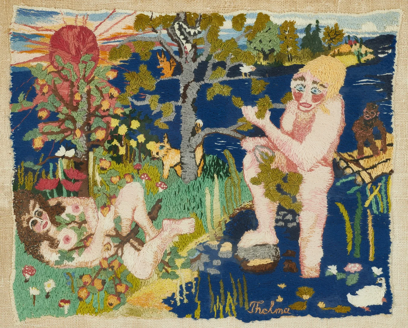THELMA AULIO PAANANEN (1931–2019). Adam och Eva, signerad "Thelma", broderi. — Other — Crafoord Auktioner Stockholm