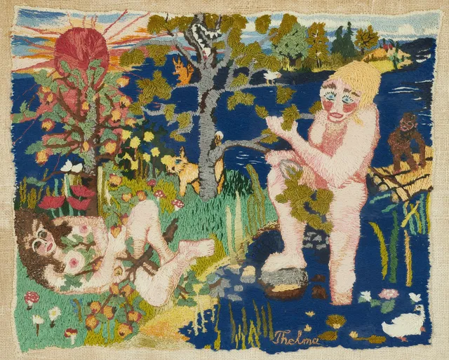 THELMA AULIO PAANANEN (1931–2019). Adam och Eva, signerad "Thelma", broderi.