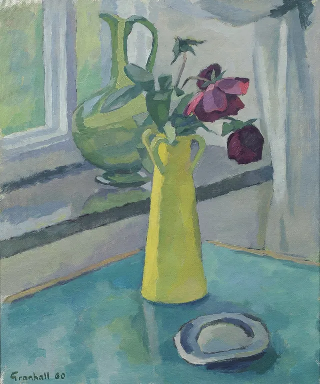 ARNE GRANHALL. "Rosor vid fönstret", olja på pannå, signerad.