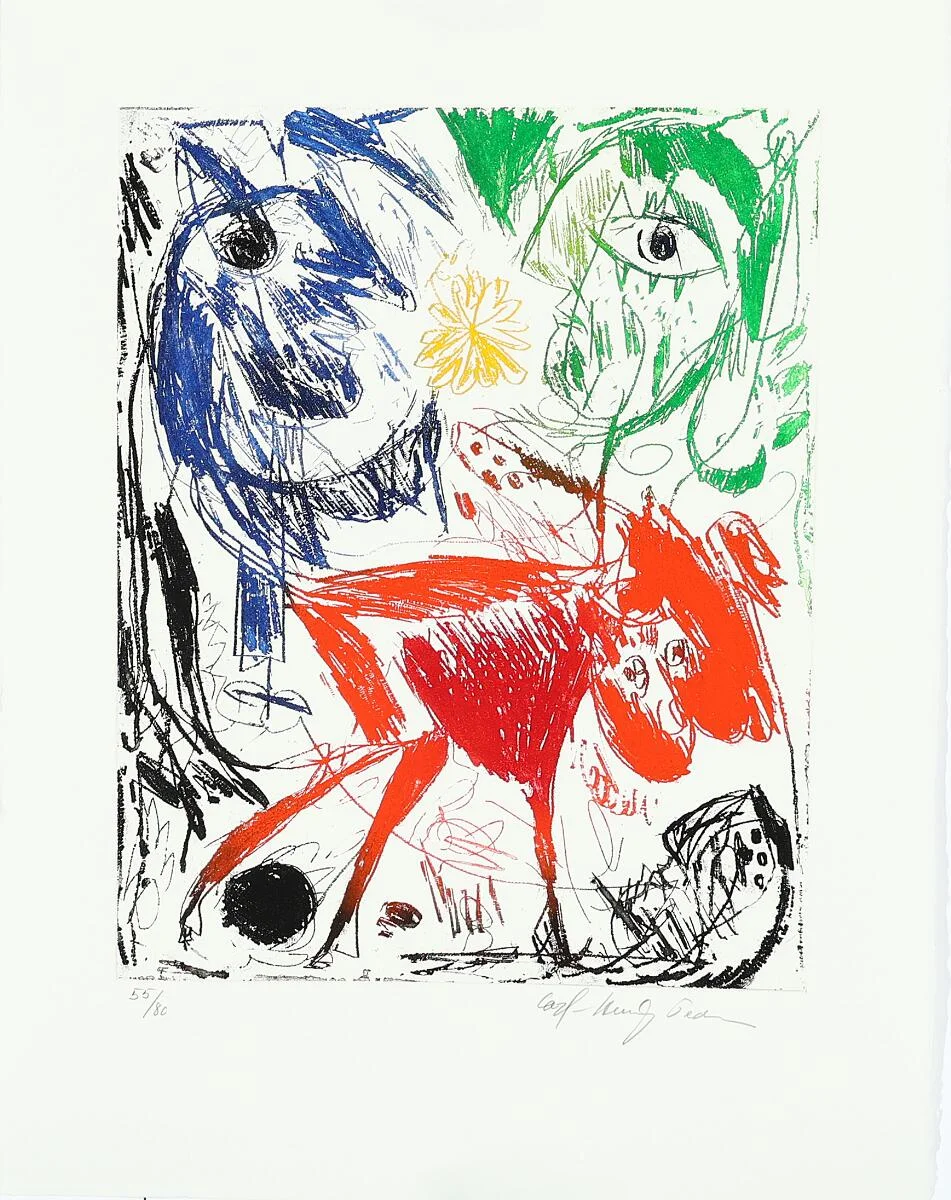 “L'elle d'elle III”. Signed Carl-Henning Pedersen, 55/80. Aquatint and etching in colours. Sheet size 59.5 × 45 cm. Unframed. — Modern Prints/CoBrA — Bruun Rasmussen