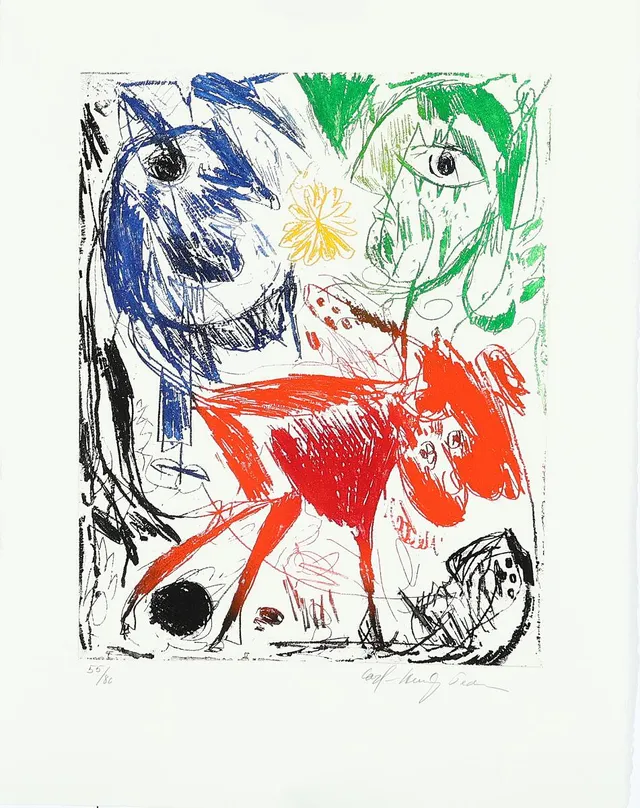 “L'elle d'elle III”. Signed Carl-Henning Pedersen, 55/80. Aquatint and etching in colours. Sheet size 59.5 × 45 cm. Unframed.