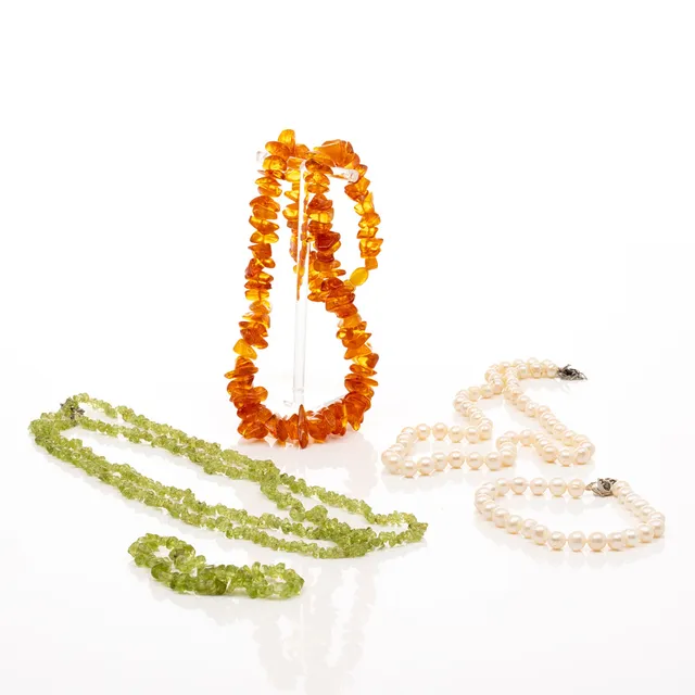 ARMBAND & COLLIER, 5 delar, Bärnsten, Peridot, Pärlor.