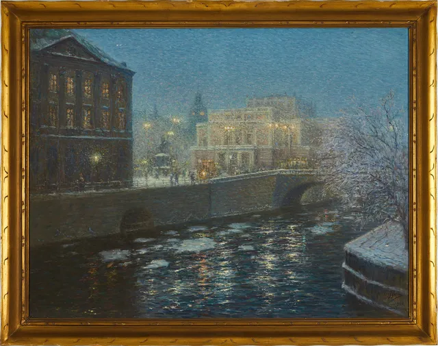 ERIK TRYGGELIN (Sverige, 1878‑1962): Stockholm - Norrbro December/januari, signerad och daterad Erik Tryggelin 1929, olja på duk.