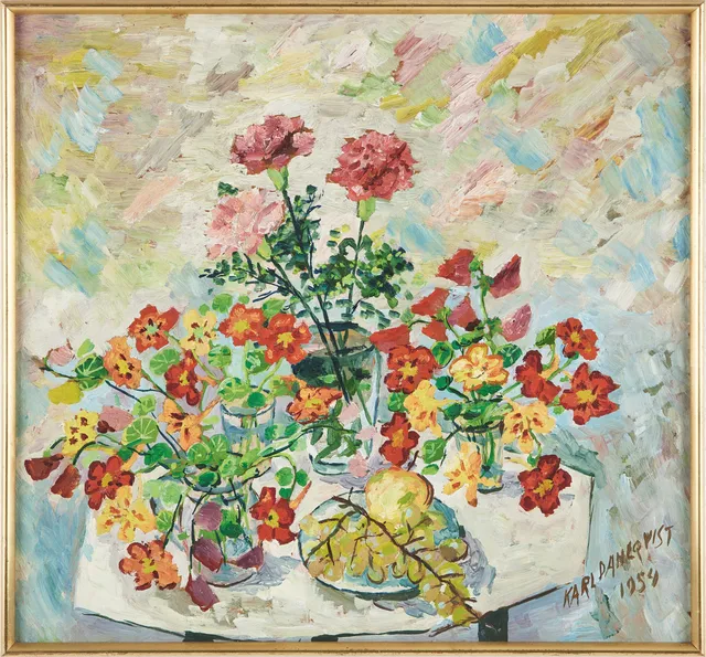 KARL DAHLQVIST. Blomsterstilleben med nejlikor och krasse, oljemålning på pannå, signerad och daterad 1954.