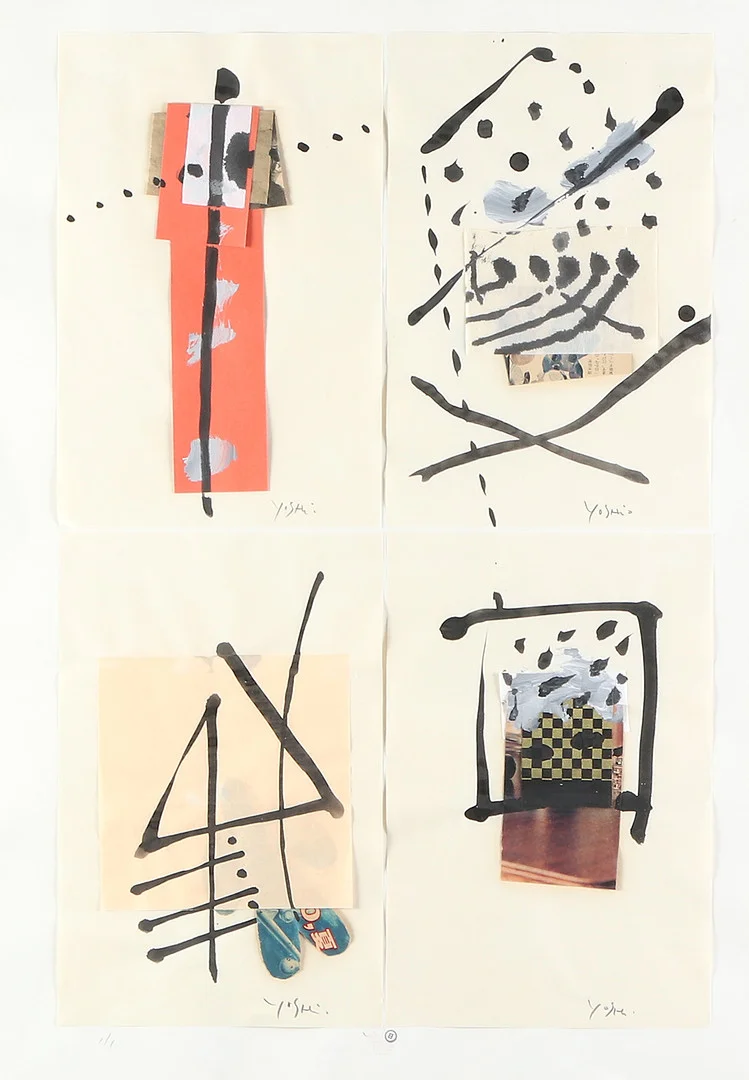 YOSHIO NAKAJIMA. Blandtekniker/collage, fyra st, samramade. Kompositioner. Signerade. — Paintings — Skånes Auktionsverk