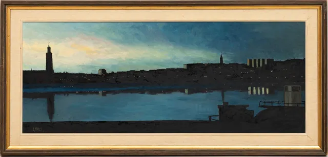 JOHN MALM. Stockholmsmotiv på natten, olja på pannå, signerad J Malm.