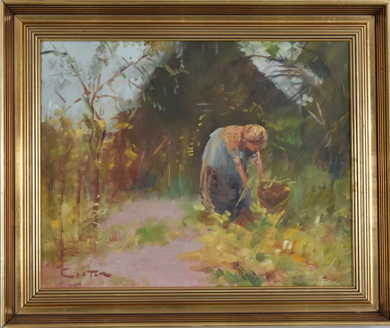 NICOLAI COSTER. oljemålning på duk, kvinna repar gräs. — Paintings — Halmstads Auktionskammare
