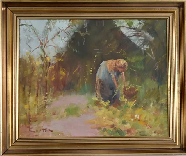 NICOLAI COSTER. oljemålning på duk, kvinna repar gräs.