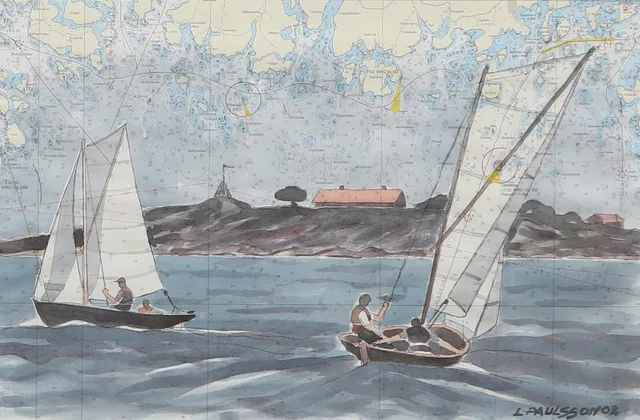 LENNART PAULSSON. Akvarell, segelbåtar vid Kastellet, Karlshamn, signerad, daterad 2002.