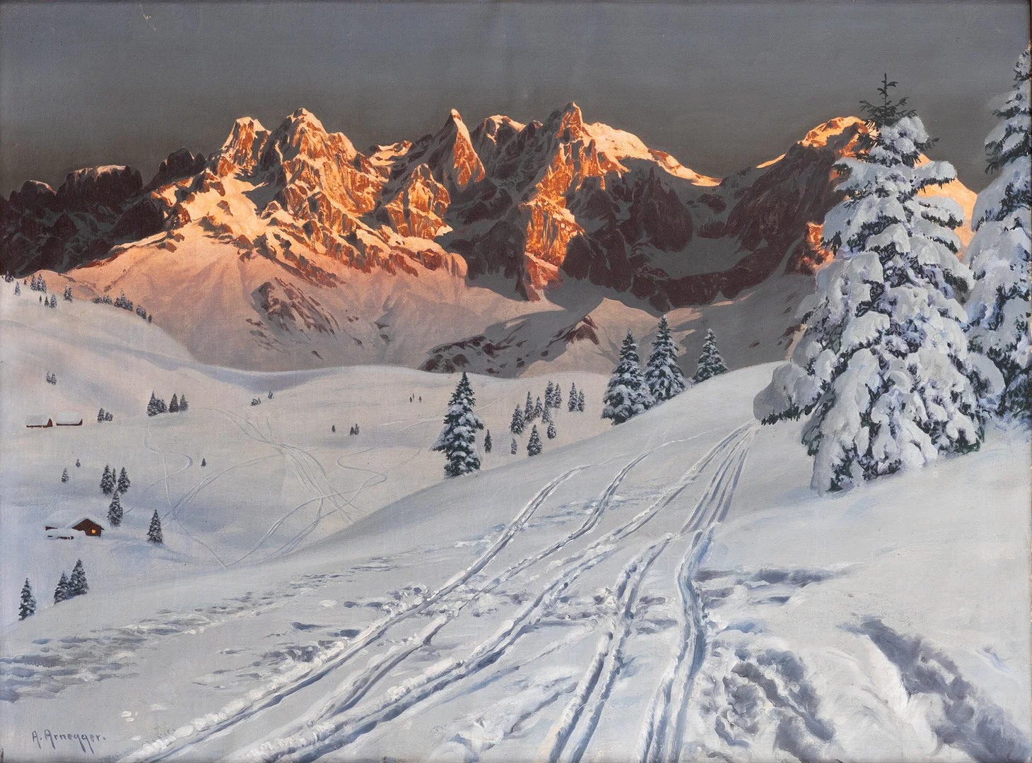 ALOIS ARNEGGER (1879-1963). Abendstimmung am Wilden Kaiser bei Kitzbühel. — Paintings — Stockholms Auktionsverk Hamburg