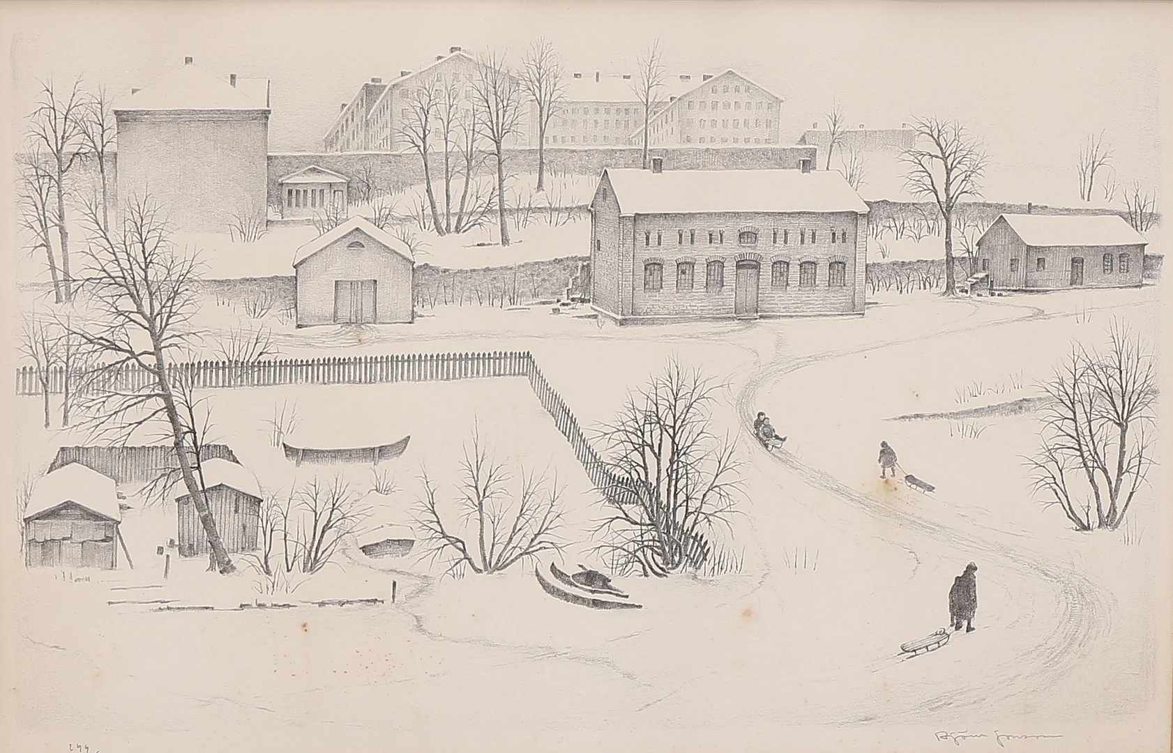 BJÖRN JONSON. Stadsmotiv vinter, litografi, signerad och numrerad 144/310. — Engravings & Prints — Växjö Auktionskammare
