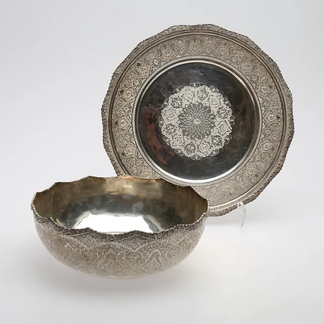 SKÅL OCH FAT, silver, graverad och punsad dekor, Persien, 1960/70-tal, 1455 g.