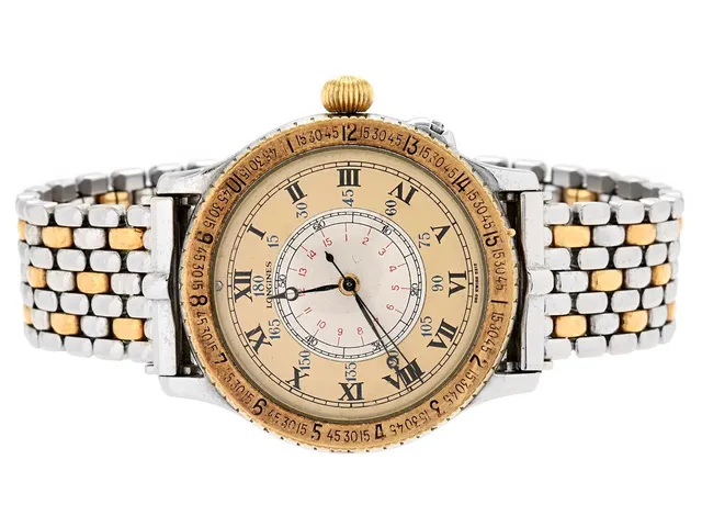 LONGINES, Hour Angle Watch, designad av Charles Lindbergh, Cal L989.2, Serie nr. 57695257, Ref nr. 989.5215, Boett nr. 22213264/989.5215, herrur, 38 mm, stål/guld, automatisk, skadad urtavla, mineralglas, öppningsbar bakboett med glasad innerboett (se fördjupad info), originallänk (bicolour/skadad), ca 1987, box, ytterkartong.