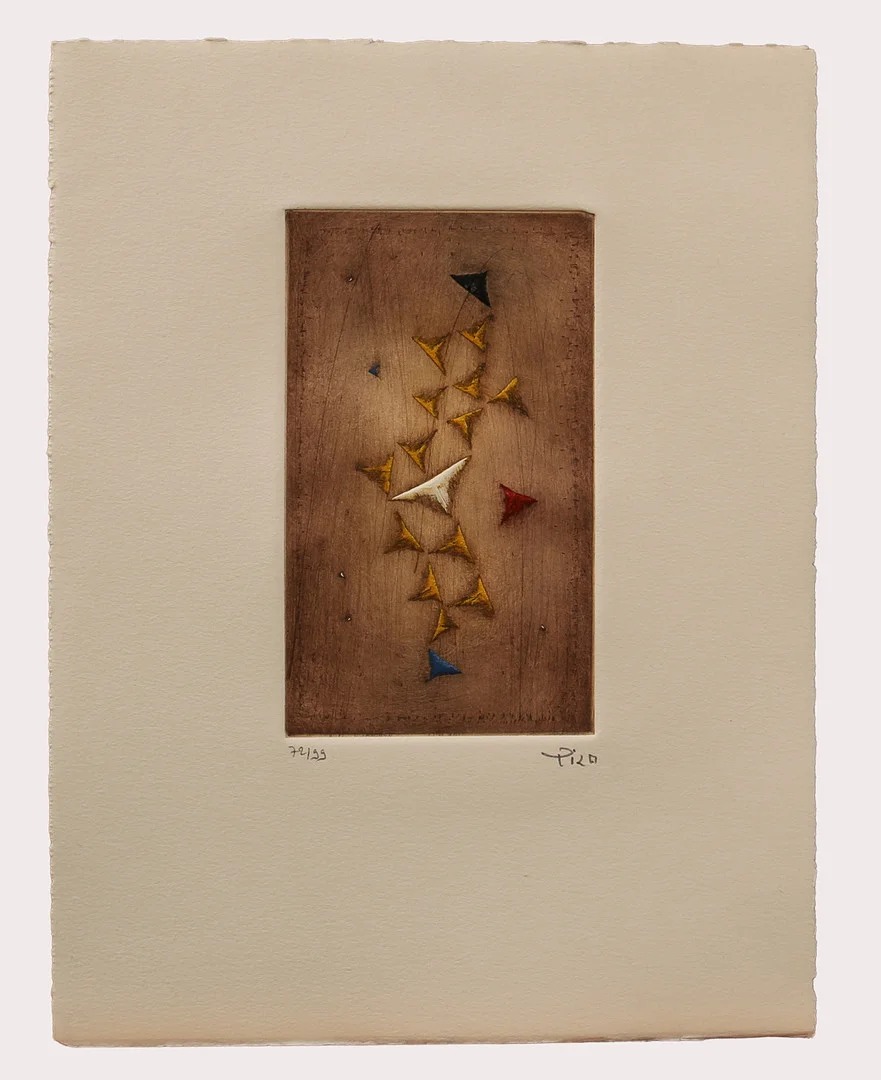 ARTHUR LUIZ PIZA. Färgetsning, geometrisk komposition med trianglar, numrerad 88/99 signerad. — Engravings & Prints — Limhamns Auktionsbyrå
