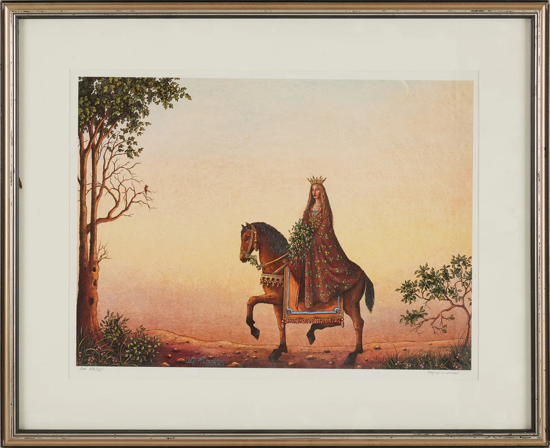 ULF HINDERS. Prinsessa på häst, signerad och numrerad, EA 27/75, offset. — Engravings & Prints — Stockholms Auktionsverk Magasin 5