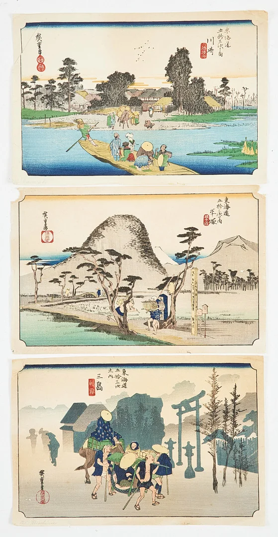 ANDO UTAGAWA HIROSHIGE (1797-1858). "Kawasaki", "Hiratsuka" & "Mishima" ur serien "The Fifty-Three Stations of the Tokaido" (Tokaido gojusan tsugi no uchi). — Other — Stockholms Auktionsverk Magasin 5