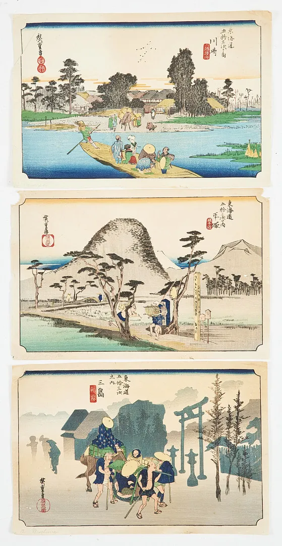 ANDO UTAGAWA HIROSHIGE (1797-1858). "Kawasaki", "Hiratsuka" & "Mishima" ur serien "The Fifty-Three Stations of the Tokaido" (Tokaido gojusan tsugi no uchi).
