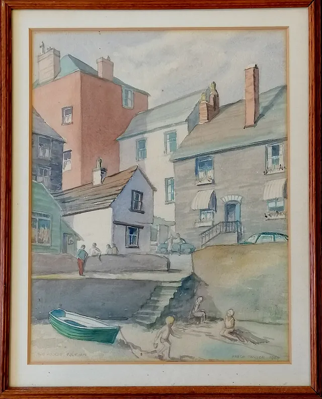 FREDA TAYLOR 1959 WATERCOLOUR PAINTING OF OLD HOUSES POLRUAN.