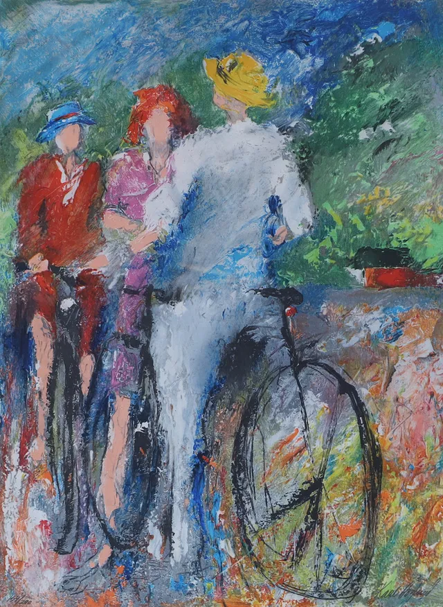 KARL ERIK HÖGLUND. Kvinnor på cykel, färglitografi, signerad.