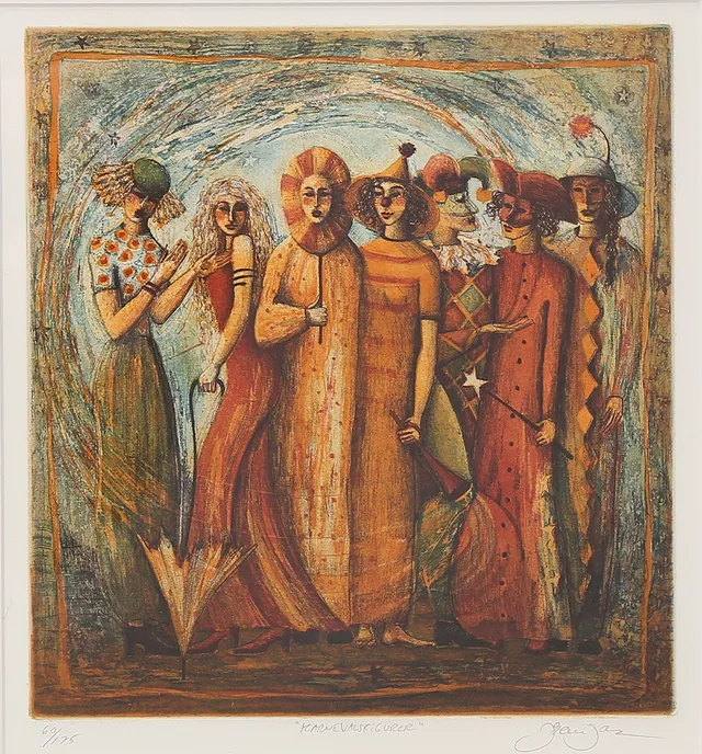 IRENE JARZ. "Karnevalsfigurer", litografi, signerad, numrerad 60/175.