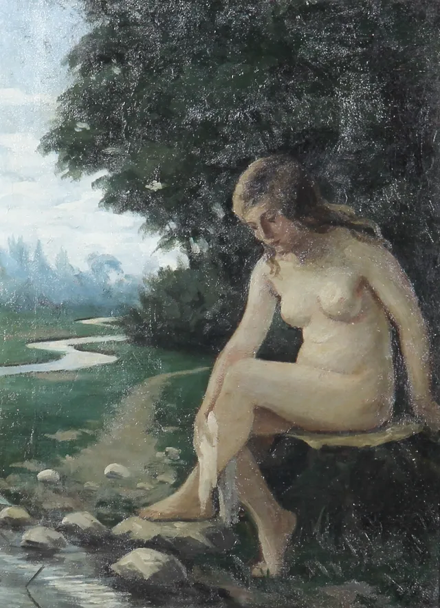 Helge Helme. Seated nude woman in landscape