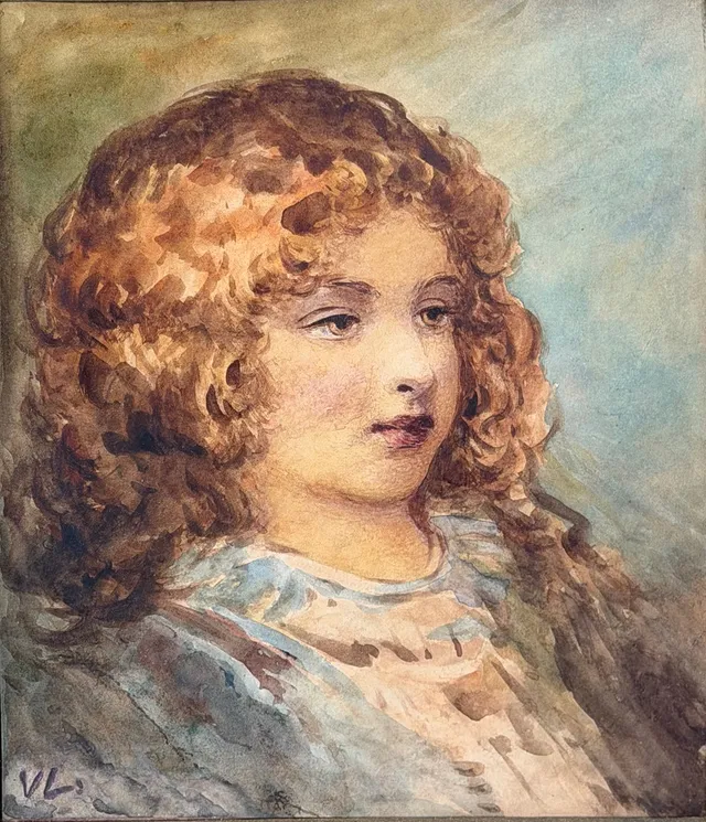 VIRGINIA LARSSON (1844-1893). Flickporträtt, akvarell, signerad.
