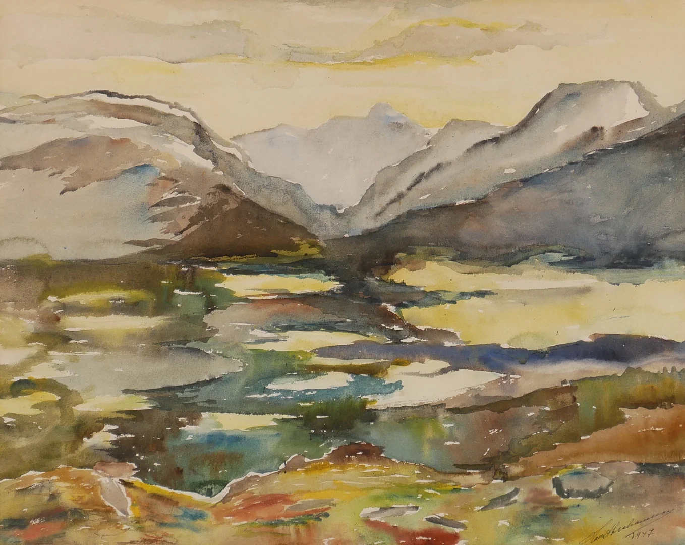 HANS ABRAHAMSSON. Fjällandskap, akvarell, signerad och daterad 1947. — Paintings — Auktionsfirma Kenneth Svensson i Kalmar