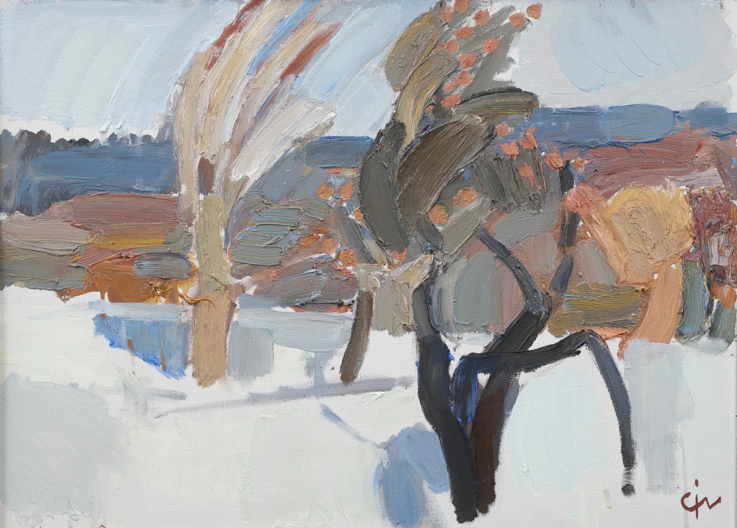 CALLE JOHANSSON. Öde trädgård i snö, olja på duk, signerad och daterad. — Paintings — Växjö Auktionskammare