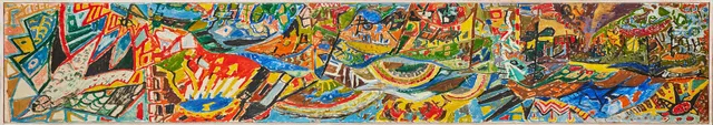 UNO VALLMAN. Komposition, olja på duk, 68 x 295 cm.