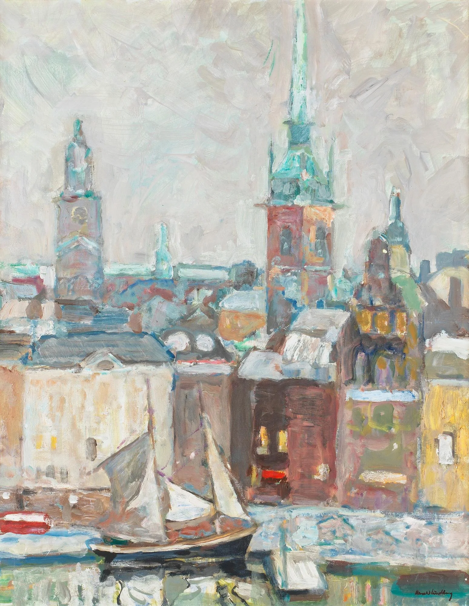 Harald Lindberg, "Skuta torkar segel, Gamla stan". — Bukowskis