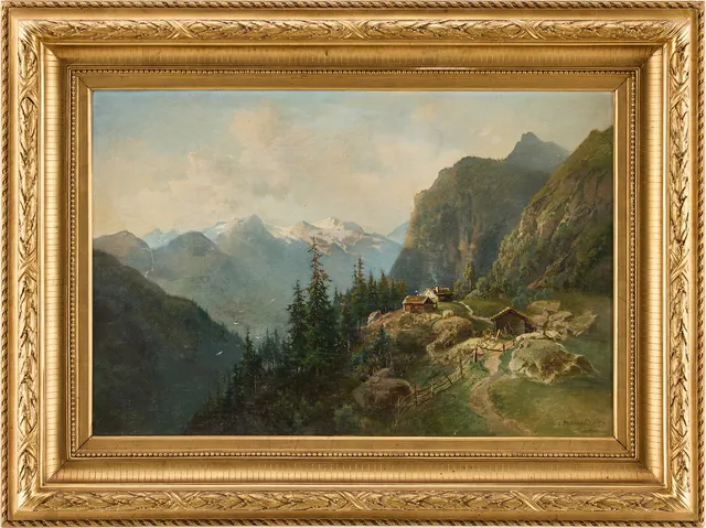 JOSEFINA HOLMLUND. Landskapsmotiv med berg och stugor.