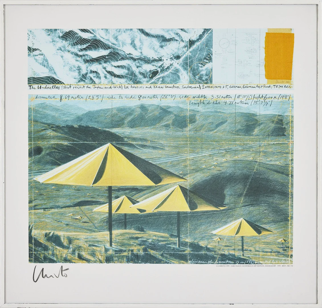 CHRISTO & JEANNE-CLAUDE. The Umbrellas, färgoffset med kollage. — Engravings & Prints — Stockholms Auktionsverk Magasin 5
