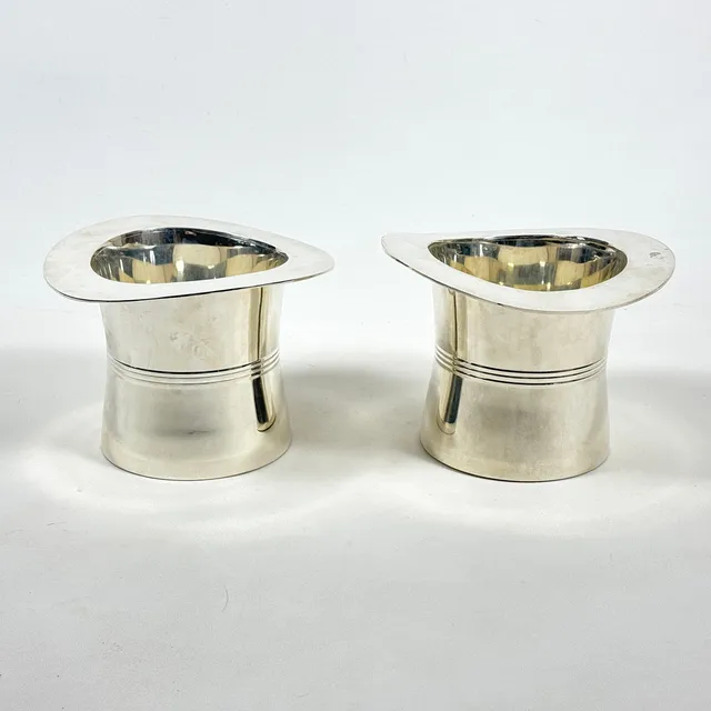 PAIR OF SILVER PLATED TOP HAT ICE BUCKETS.