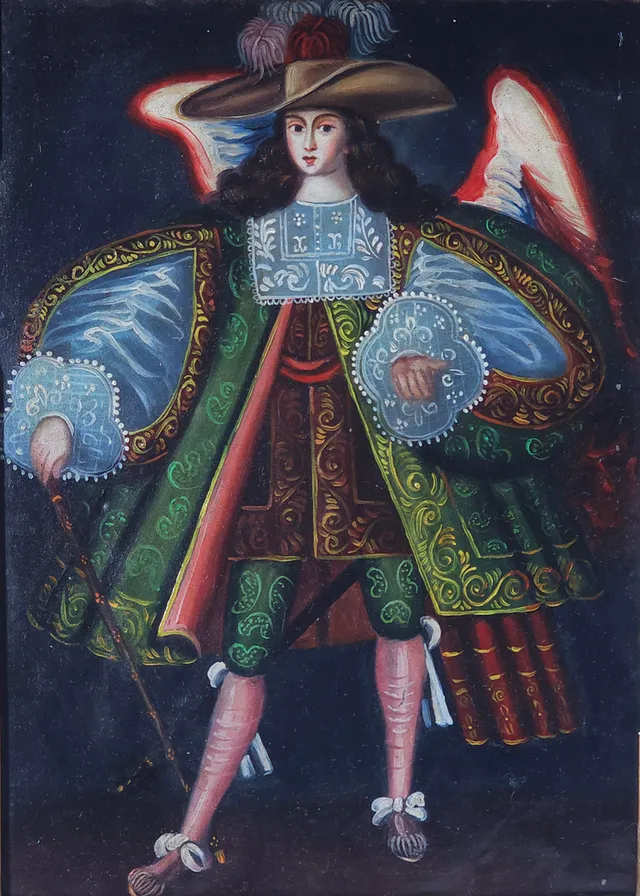 ESCUELA CUZQUEÑA SIGLO XIX. Figura de Arcángel. Óleo sobre zinc.