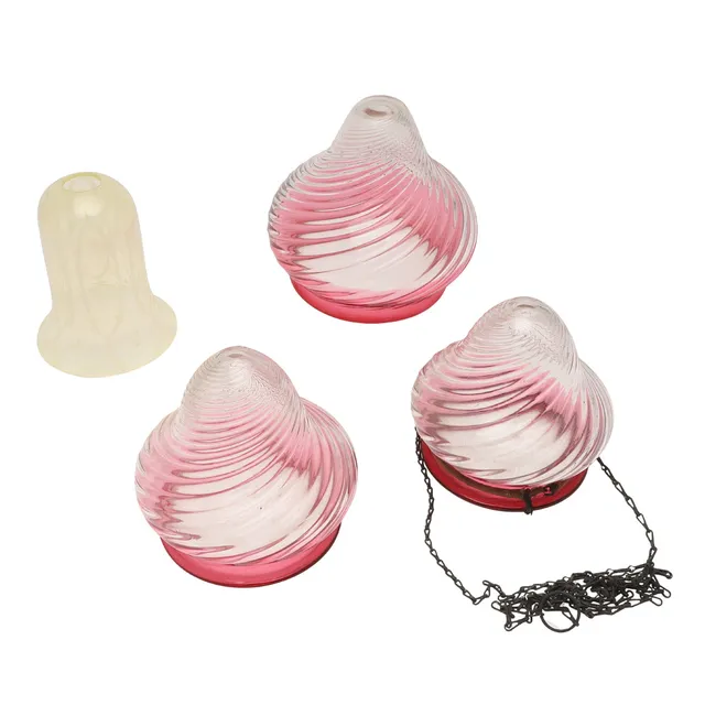 SET OF CRANBERRY GLASS SHADES & VASELINE GLASS SHADE.