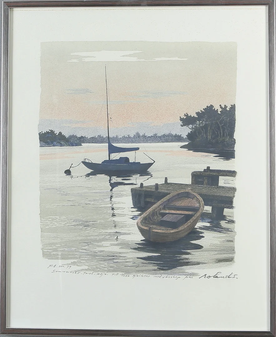 ROLAND SVENSSON. "Sommarkväll Tornö-Möja", färglitografi, signerad, dedikation, PT Nov 79. — Engravings & Prints — Auktionshuset Kolonn