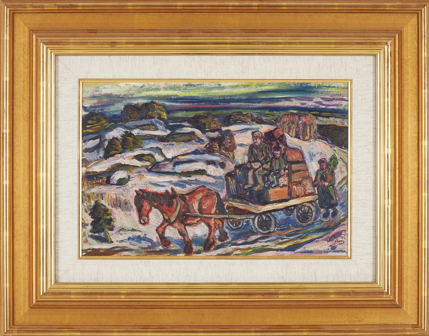 OLLE NORDBERG. Häst med vagn i vinterlandskap, olja på pannå, signerad och daterad Olle Norberg -44. — Paintings — Stockholms Auktionsverk Sickla