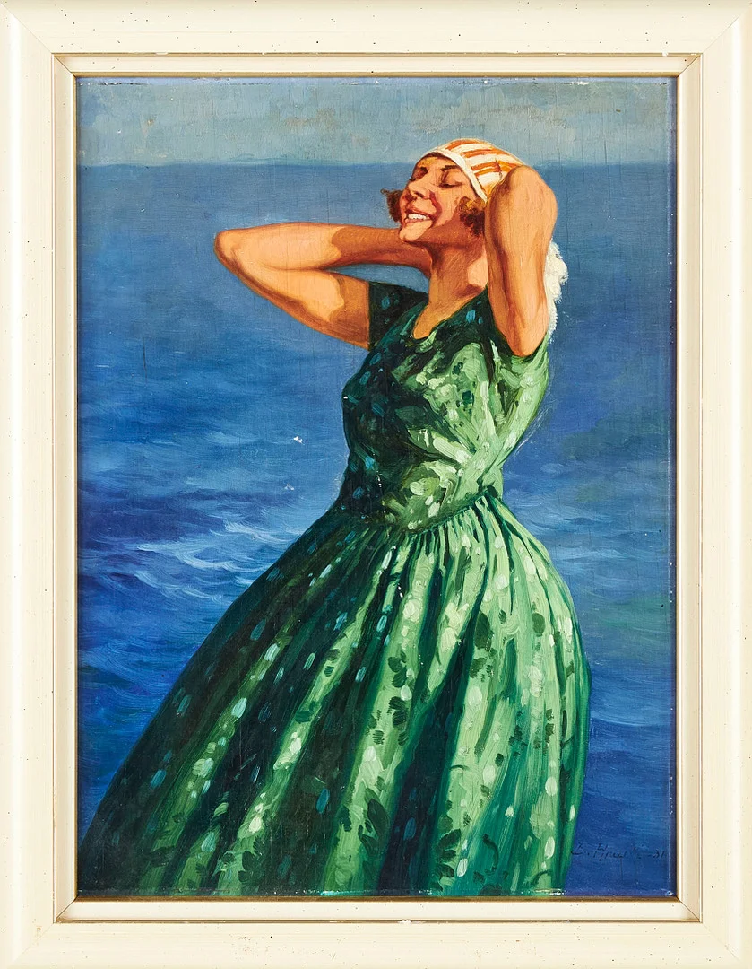 BELA HRADIL. Kvinna i grön klänning, olja på pannå, signerad och daterad -31. — Paintings — Stockholms Auktionsverk Sickla