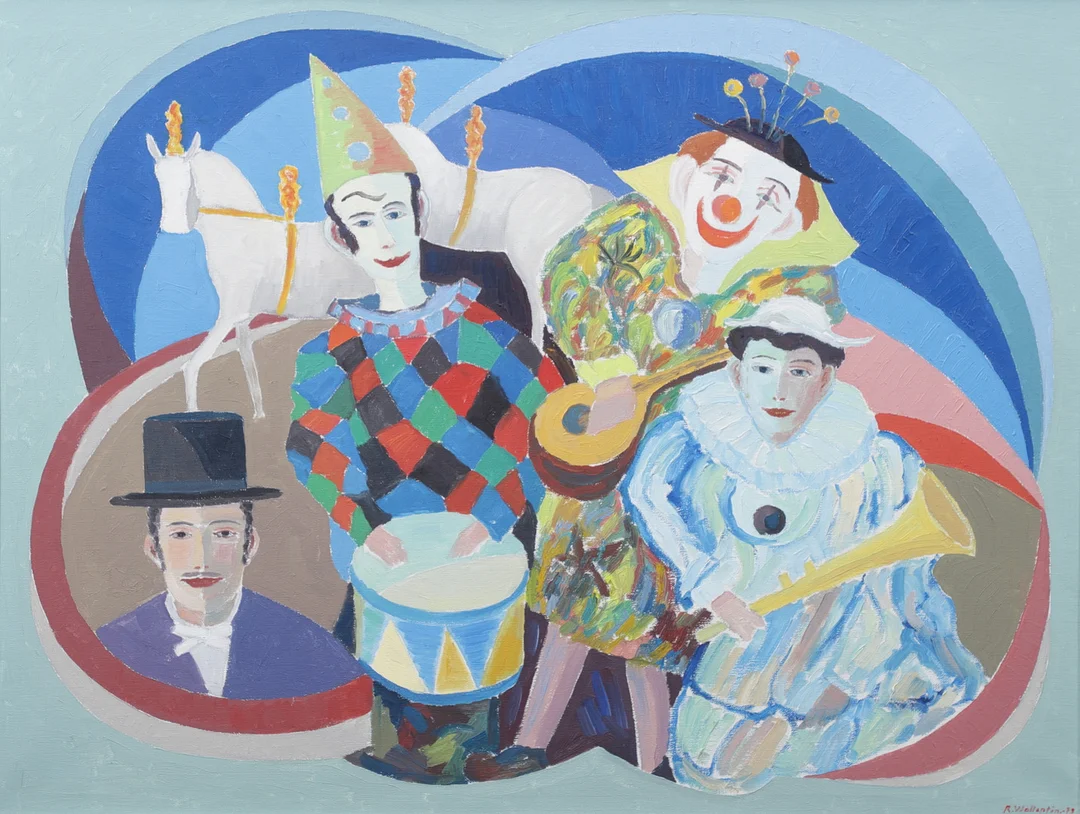 RAYMOND WALLENTIN. Clowner. Olja på duk, signerad och daterad -73. — Paintings — Växjö Auktionskammare