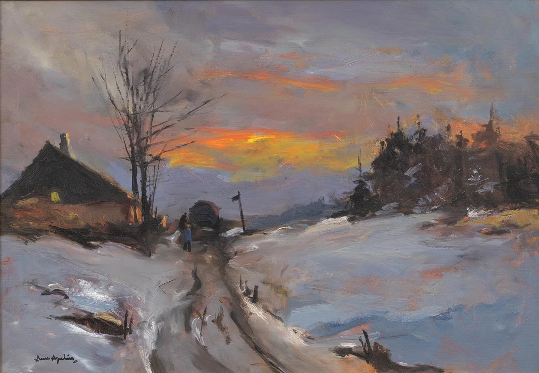 ARNE ASPELIN. Hus i vinterlandskap. olja på pannå, signerad. — Paintings — Garpenhus Auktioner