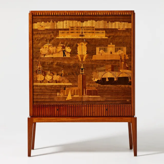 BIRGER EKMAN. "Stockholm 2", praktskåp, Mjölby Intarsia, sålt av AB Harry B. Carlsson 1944, skåp nummer 12.