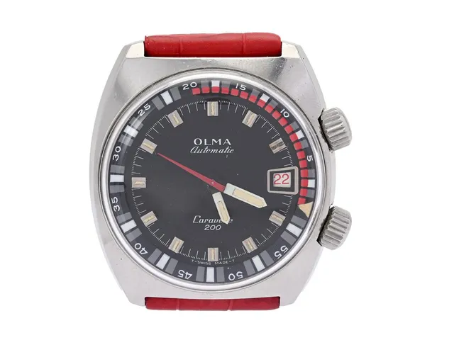 OLMA, Caravelle 200 (T-Swiss Made-T), "Super-Compressor Case", Cal AS 1902/03, Boett nr. 0775/3 / 8611, herrur, 36,5 mm, stål, automatisk, plexiglas, datum, skadad urtavla, vridbar innerring, läderband, ca 1970.