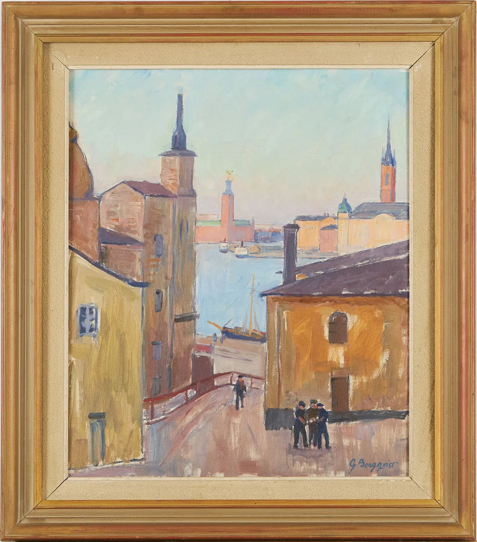 GUNNAR BERGQVIST (1903-1995). Utsikt över Stadshuset från Södermalm, olja på duk, signerad G. Bergqvist. — Paintings — Stockholms Auktionsverk Magasin 5