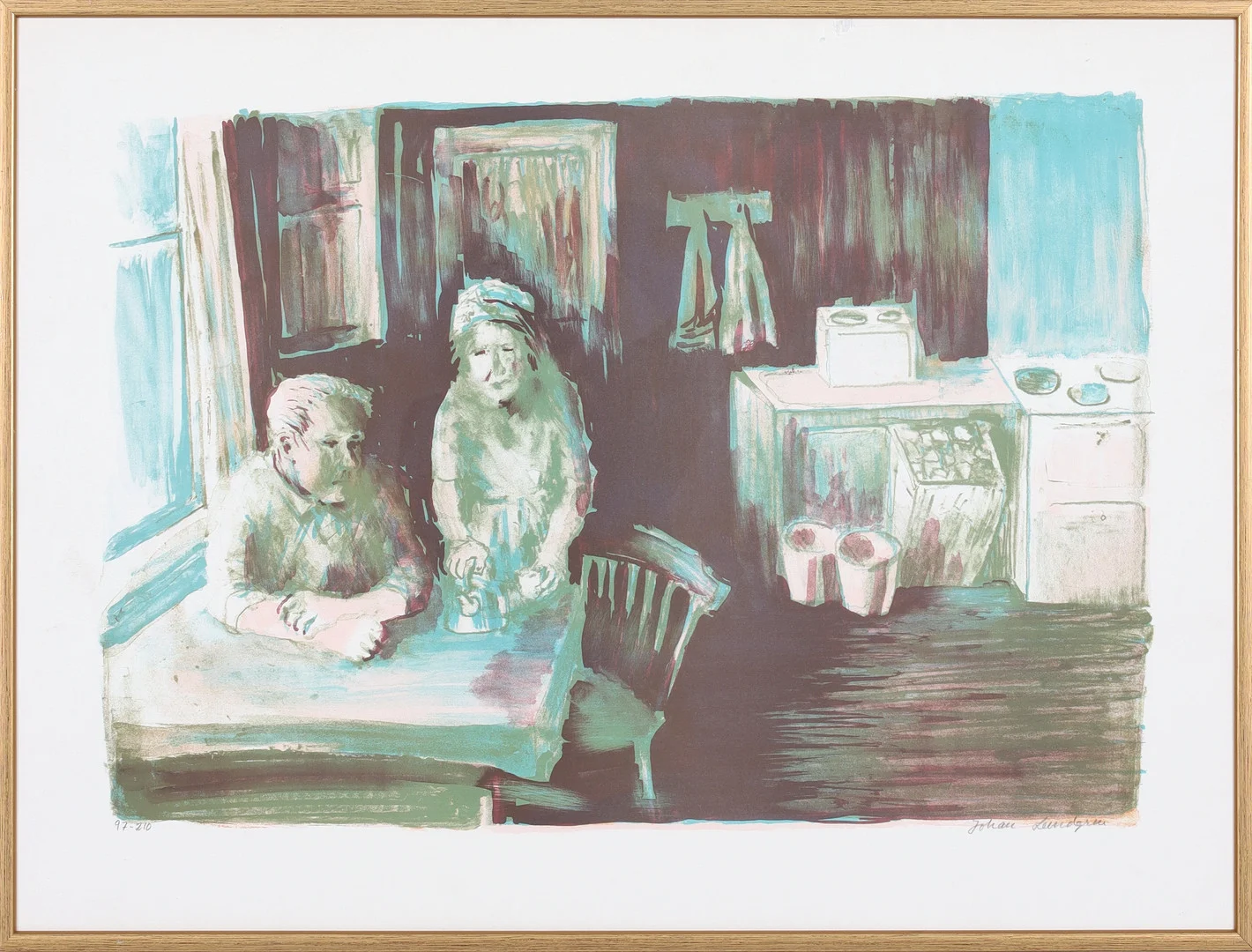 JOHAN LUNDGREN. Vid köksbordet, färglitografi, signerad och numrerad 97/210. — Engravings & Prints — Stadsauktion Sundsvall