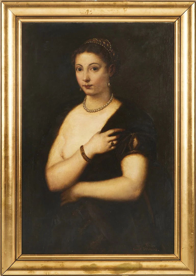 ERNST GLÜCKLICH (18-/1900-tal). Kopia av "Ung kvinna med päls" av Tizian. — Paintings — Stockholms Auktionsverk Magasin 5
