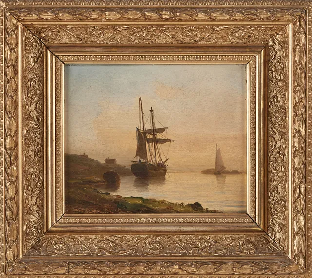 PER WILHELM CEDERGREN (1820-1896): fartyg vid kust, olja på pannå, signerad.