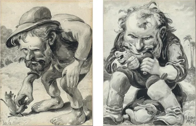 Two trolls. Grisaille. Both signed Louis Moe. Watercolour on paper mounted in passe partout. Visible size 31×22.5 cm. (2).